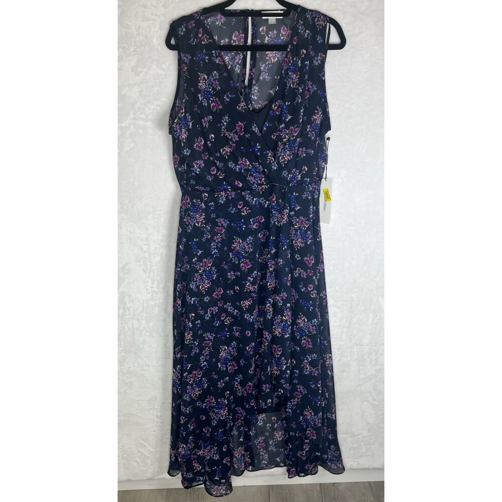 Calvin Klein Women Floral Flowy Dress Lined Side Zip Blue Purple Size 14 NEW